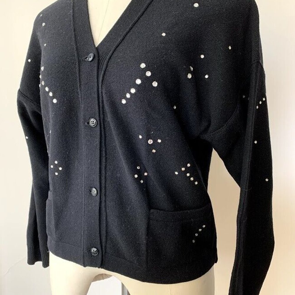 Sonia Rykiel TIMELESS Womens Wool Black Rhinestones Cardigan Jacket Long Sleeve